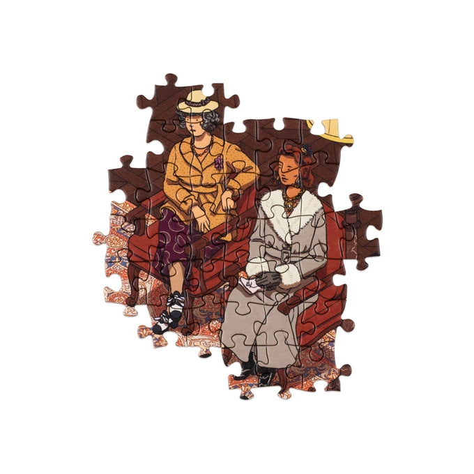 World of Hercule Poirot jigsaw loose pieces showing illustrated detail on white