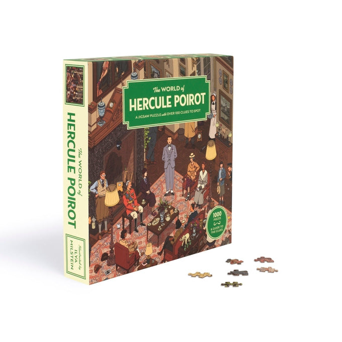 World of Hercule Poirot jigsaw box standing upright with scattered pieces on white