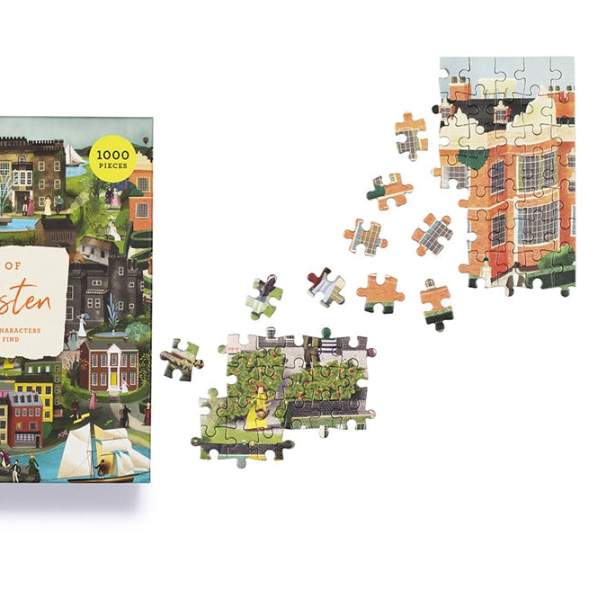 World of Jane Austen jigsaw box front with loose pieces on a white background