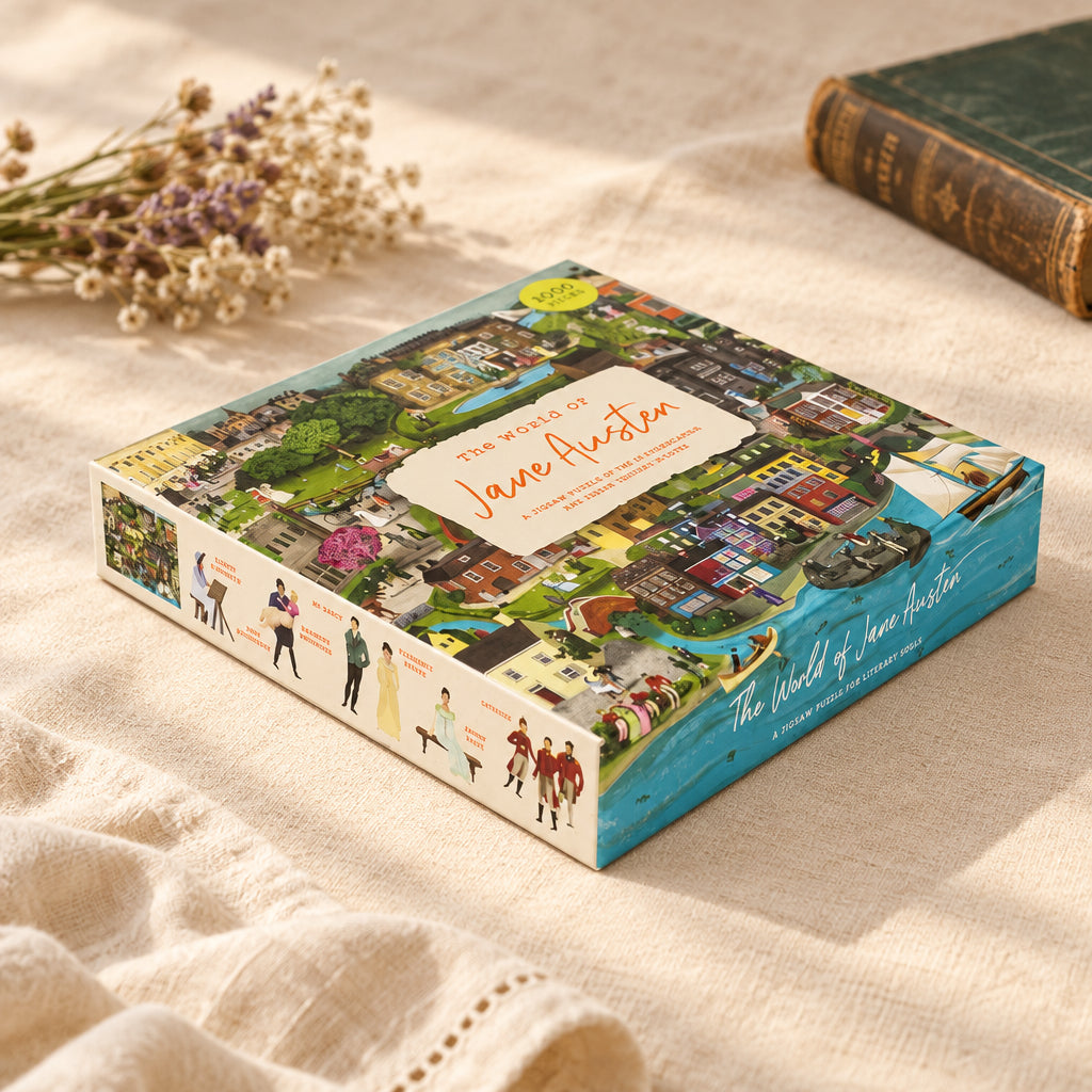 World of Jane Austen jigsaw box lying at an angle on a white background