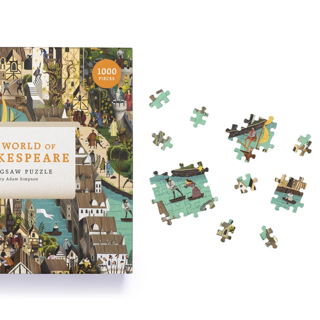 World of Shakespeare jigsaw box front with loose pieces on a white background
