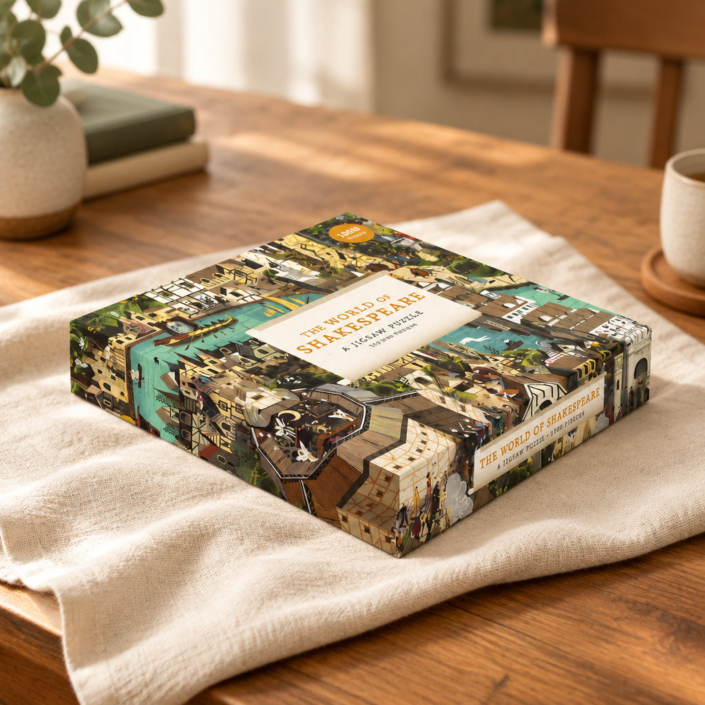 World of Shakespeare jigsaw box lying at an angle on a white background