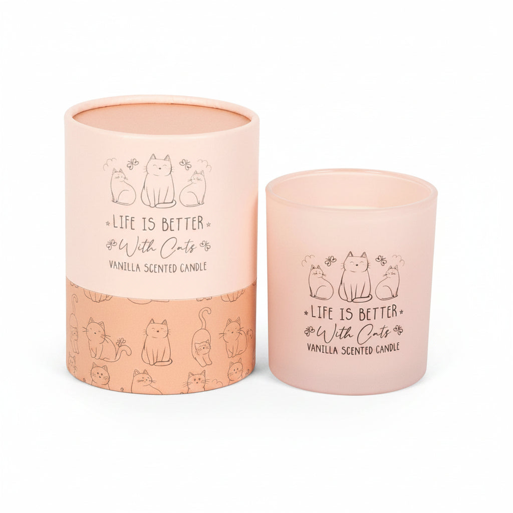 Blush pink glass candle jar with cat illustrations