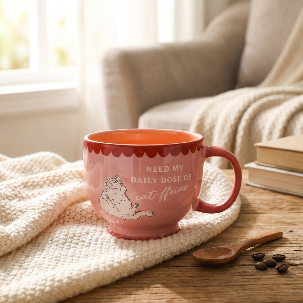 Cat-ffeine ceramic mug on a cosy styled surface