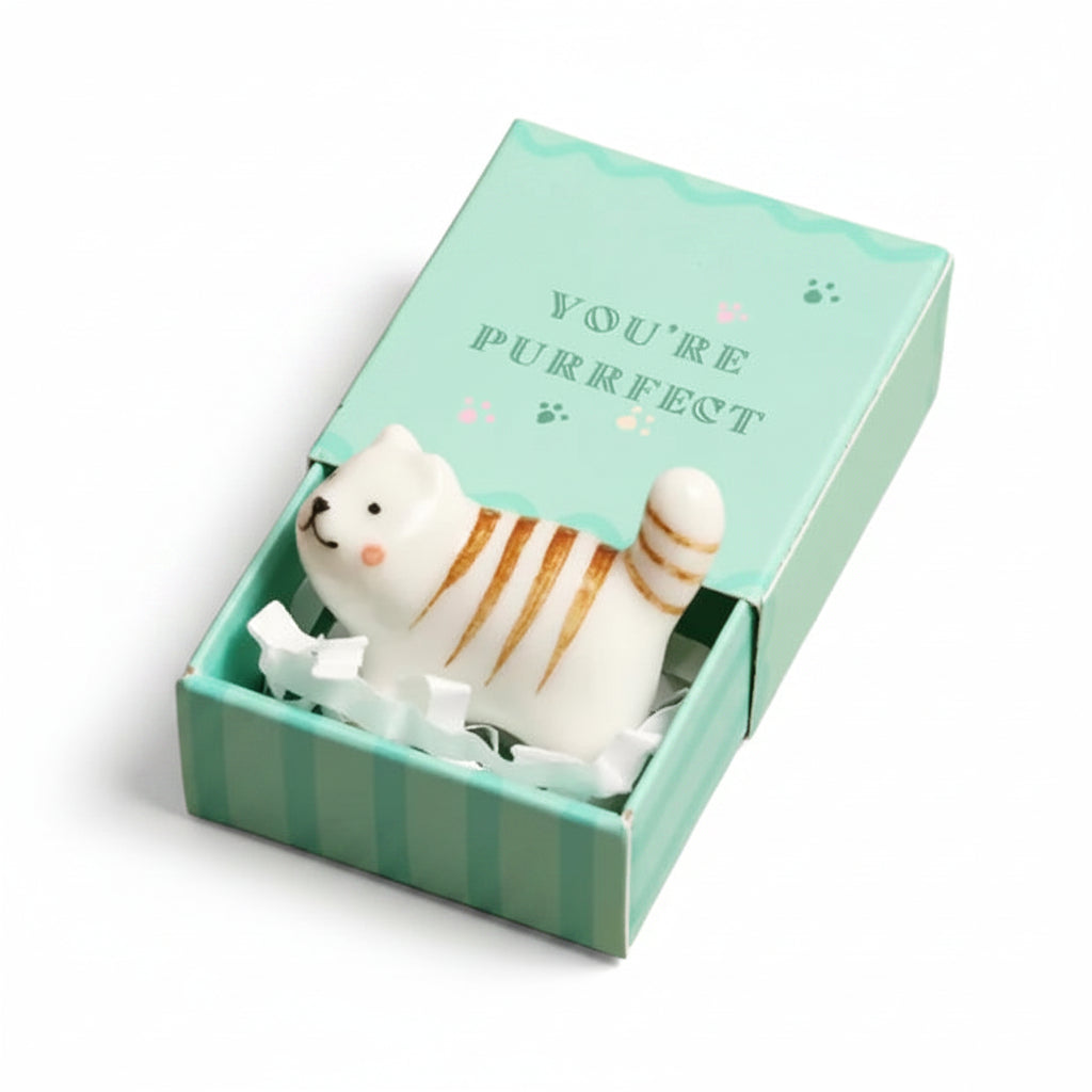 Striped ceramic cat token in open mint green matchbox on beige surface