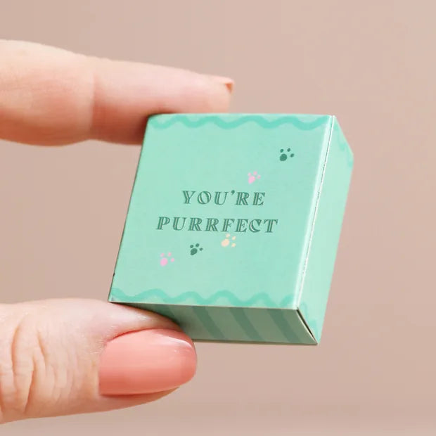 Closed mint green matchbox held in fingers showing cat-themed message