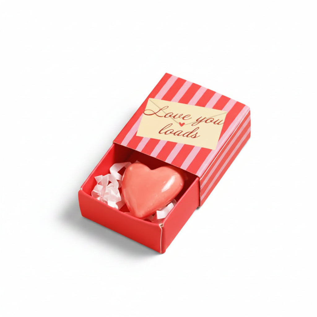 Pink ceramic heart inside open red-striped matchbox with envelope label on cream background
