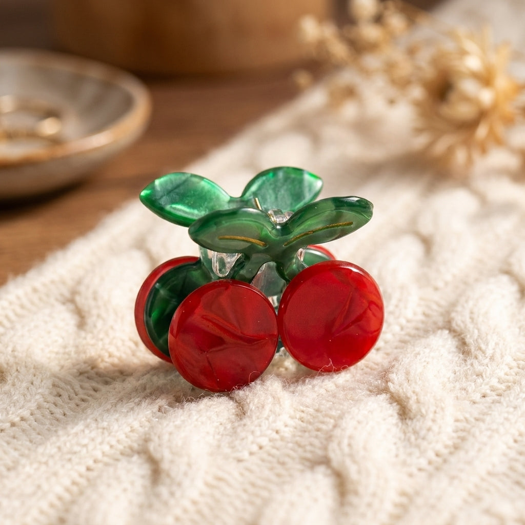 Red cherry hair clip on a soft knit surface