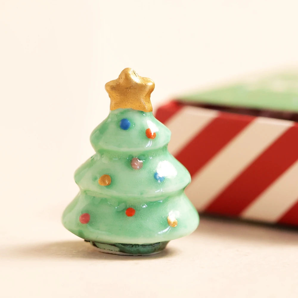 Mint green ceramic Christmas tree token with gold star and painted baubles