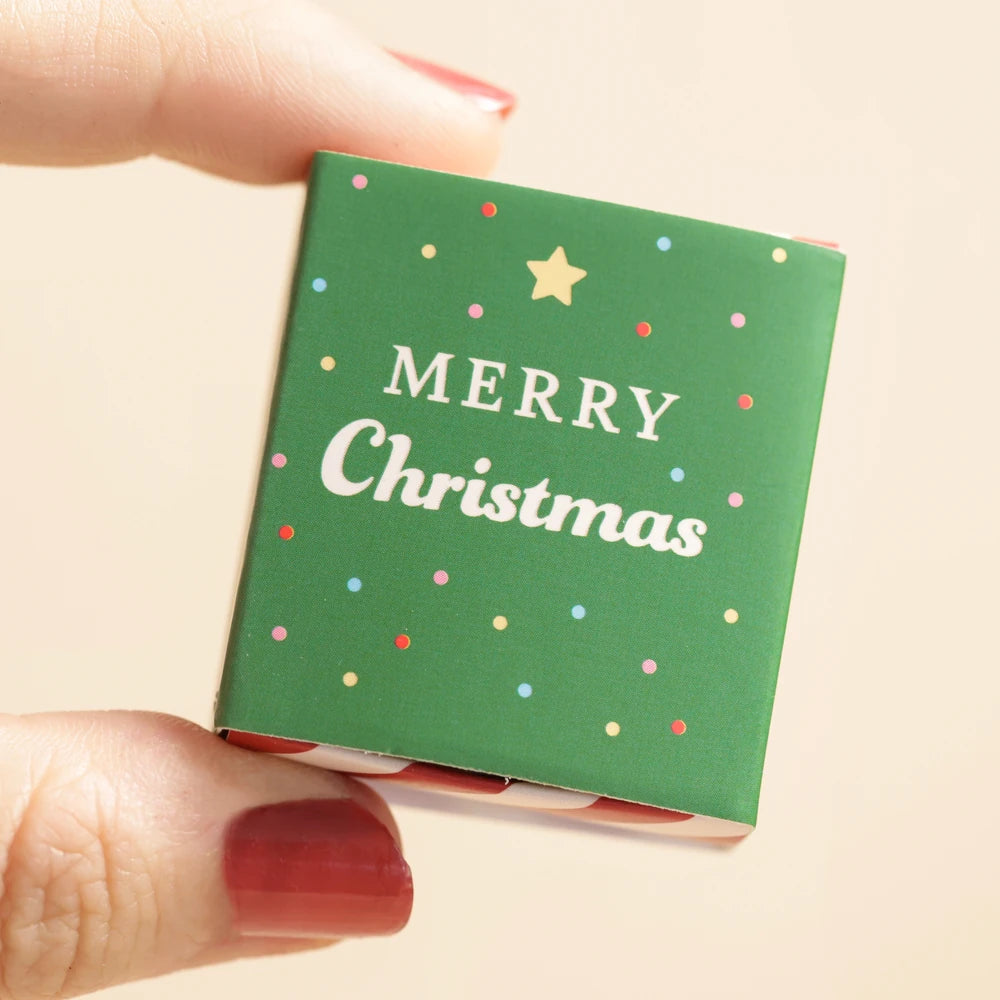Hand holding the closed green Merry Christmas matchbox for scale