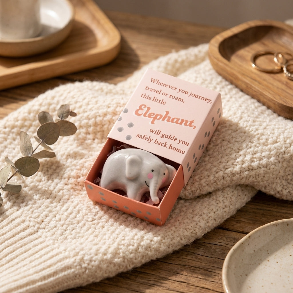 Elephant matchbox token styled on a cosy surface
