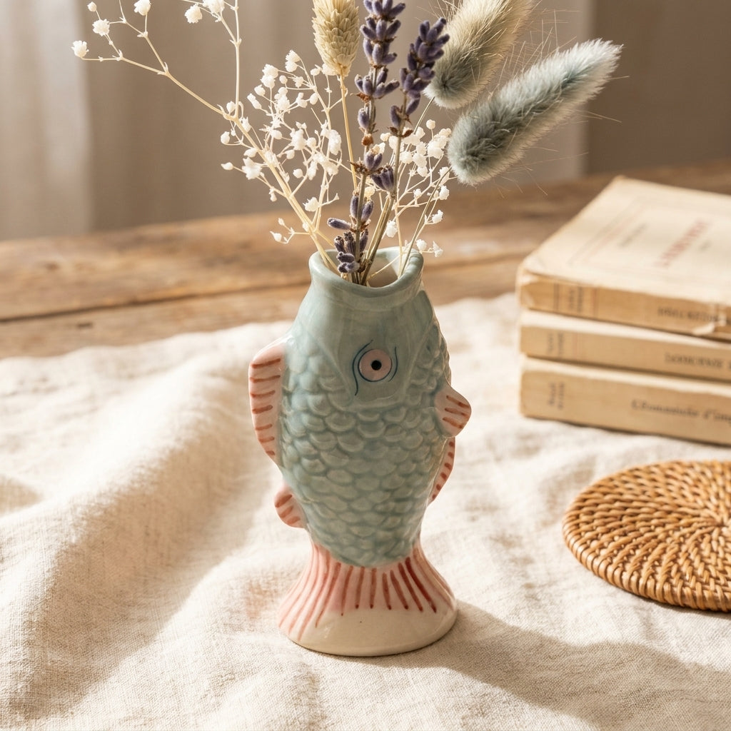 Fish bud vase with dried flowers on a styled surface