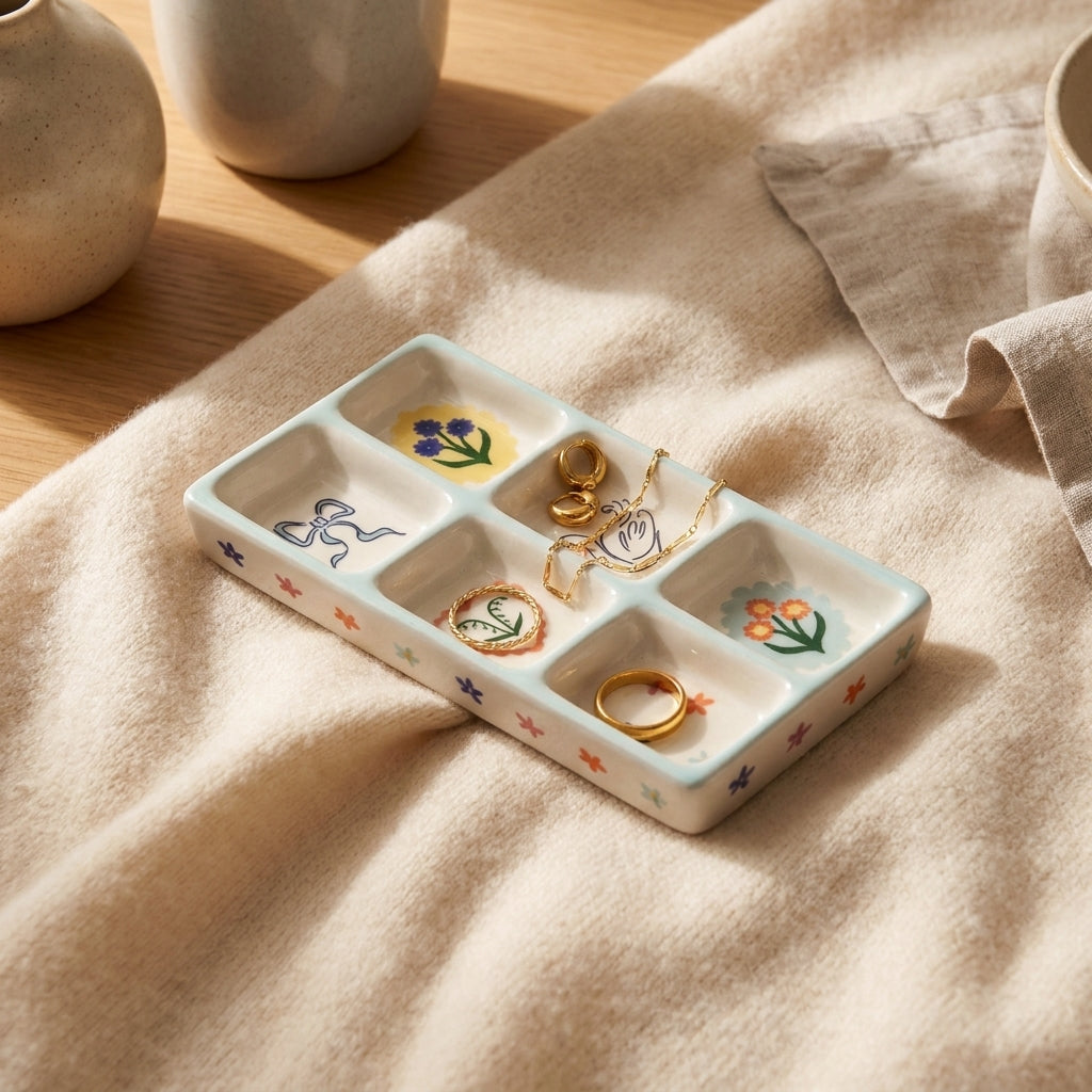 Floral trinket tray holding jewellery on linen