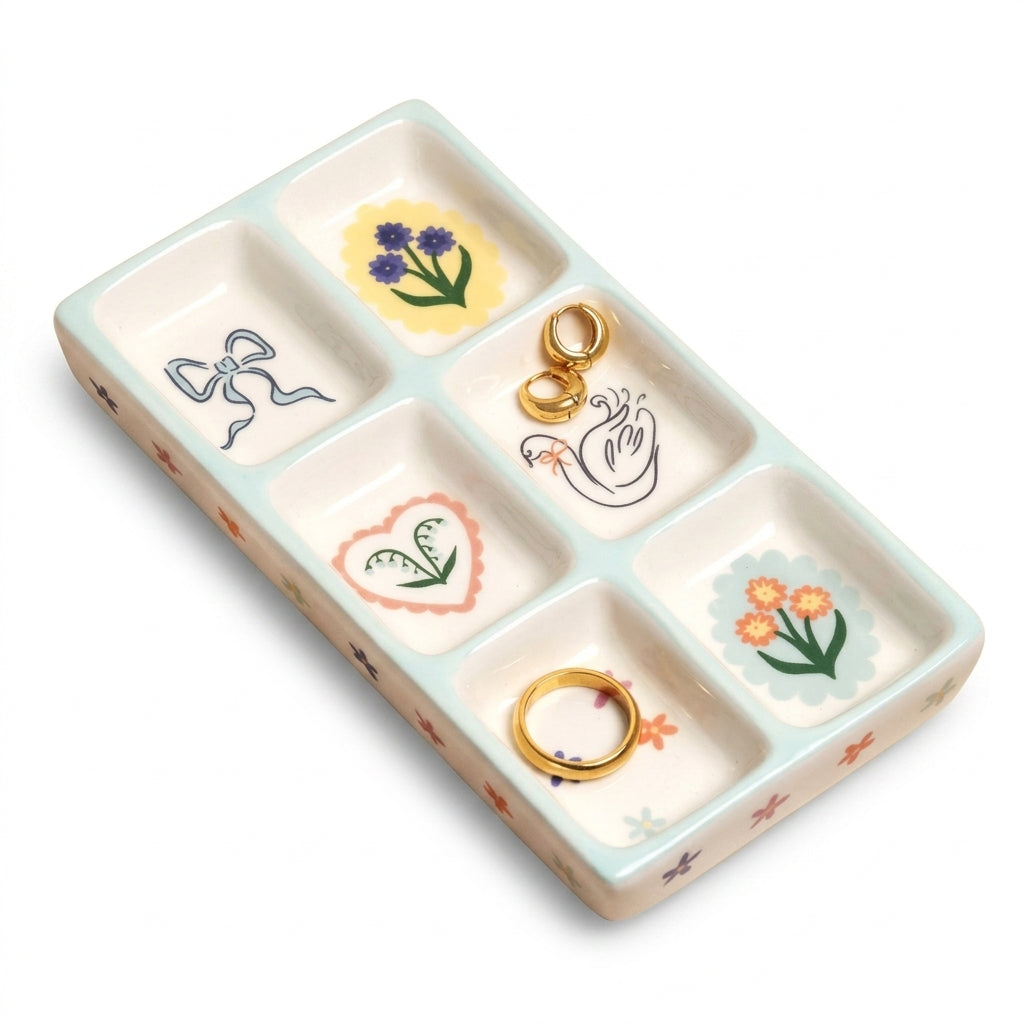 Blue floral ceramic trinket tray on a white background