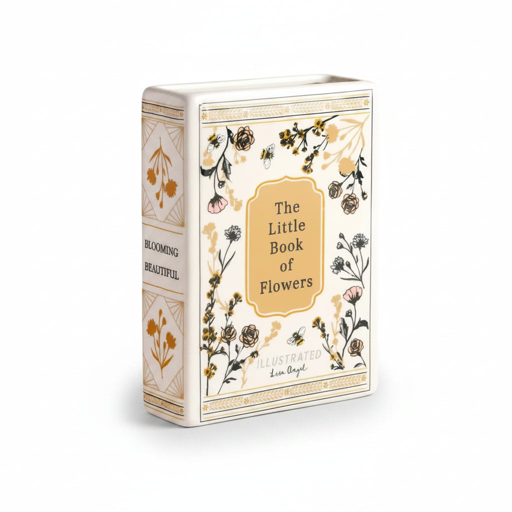 Cream ceramic book vase with floral illustrations front and spine view