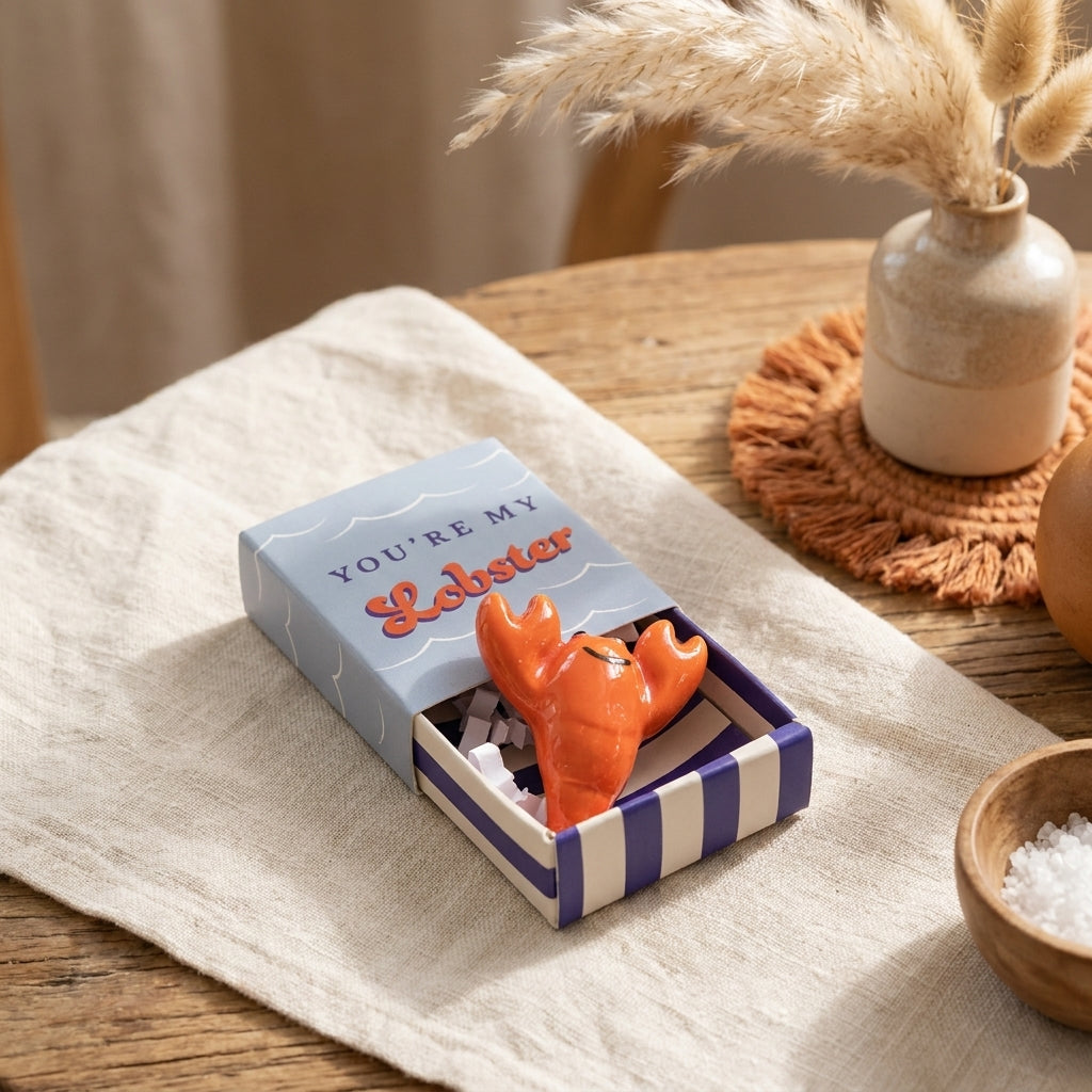 Lobster matchbox token on a styled tabletop