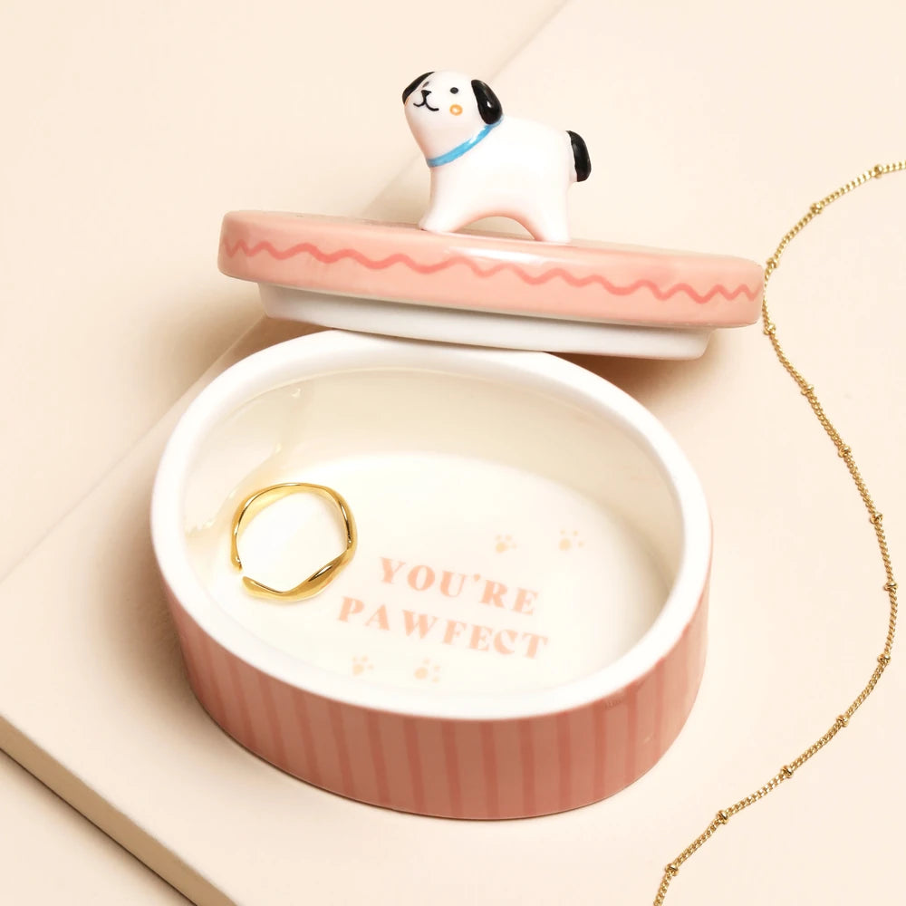 Dog trinket pot open with a gold ring inside and You're Pawfect lettering