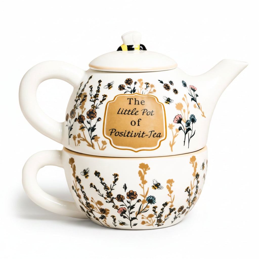 Floral teapot stacked on its matching cup with a bee on the lid