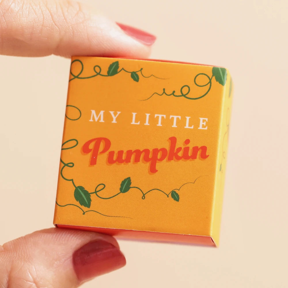 Hand holding the closed orange My Little Pumpkin matchbox for scale