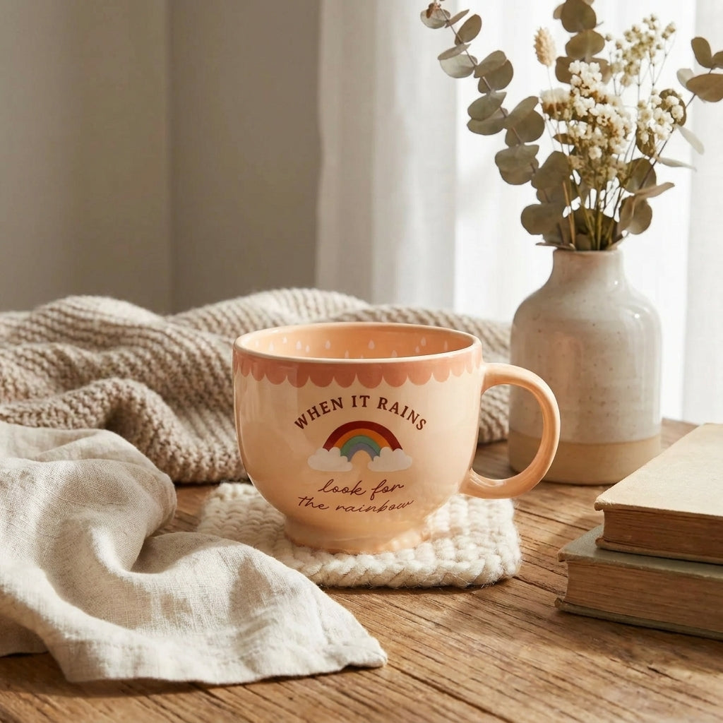Rainbow mug on a warm styled tabletop with books