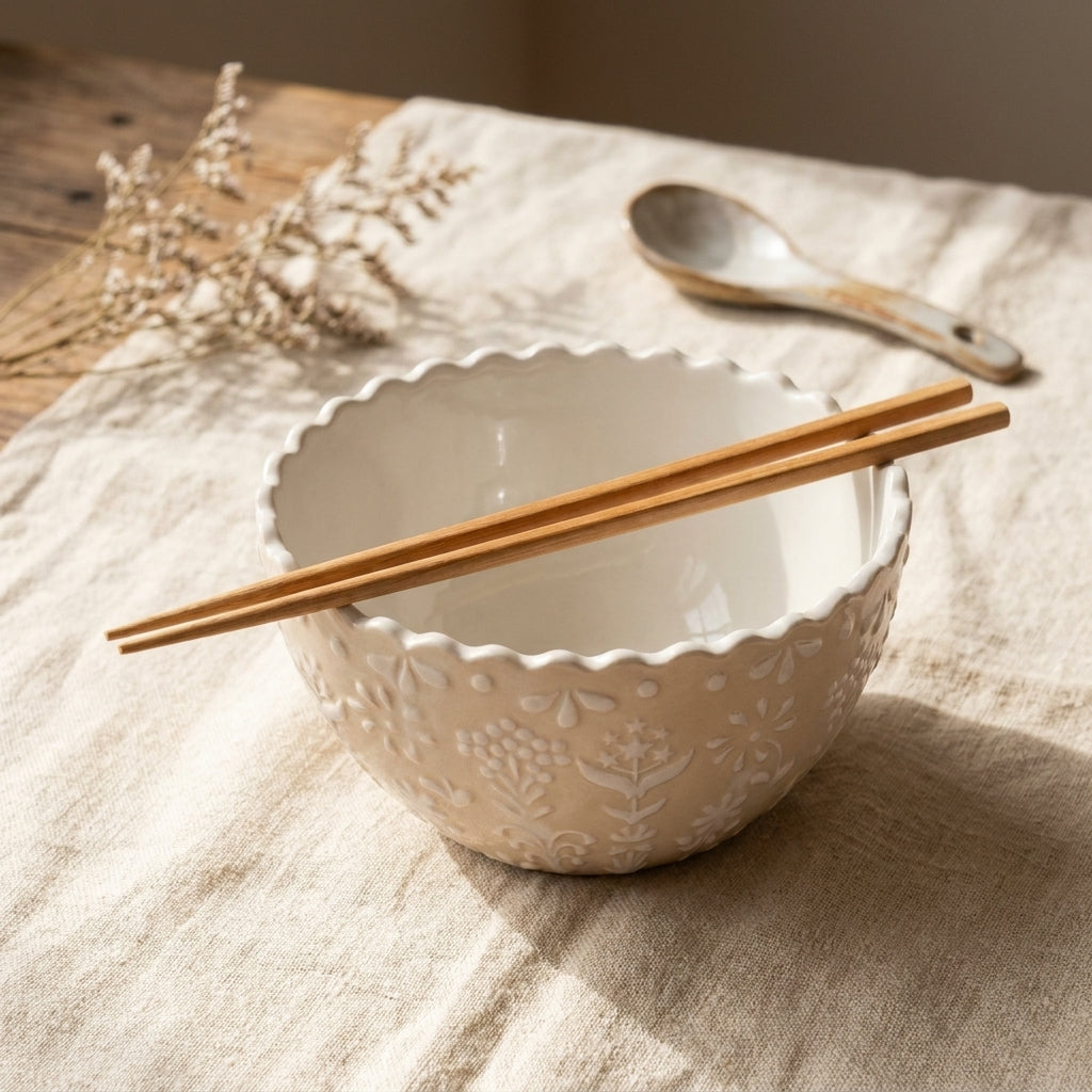 Ramen bowl and chopsticks on a styled table