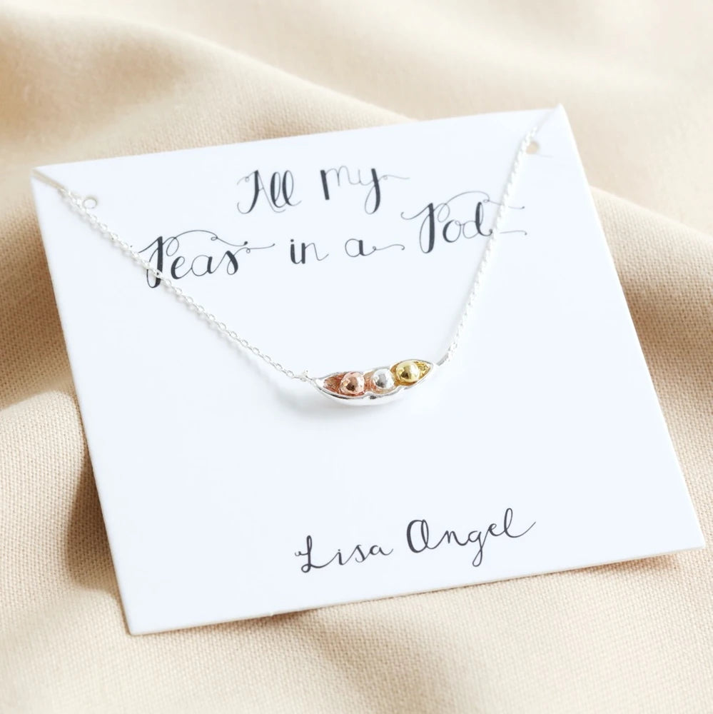 Peas in a pod necklace presented on a Lisa Angel gift card