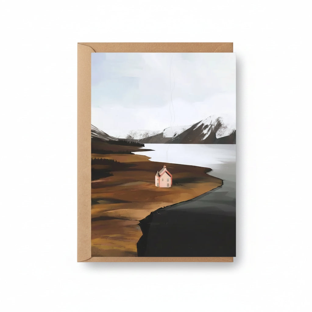 Loch Glass greeting card featuring Sara Willia's Highland loch landscape artwork with kraft envelope