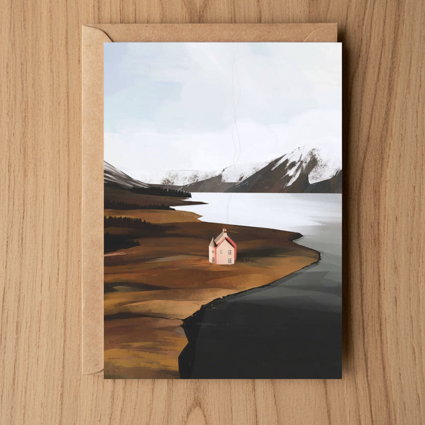 Loch Glass greeting card featuring Sara Willia's Highland loch and birch woodland artwork with kraft envelope