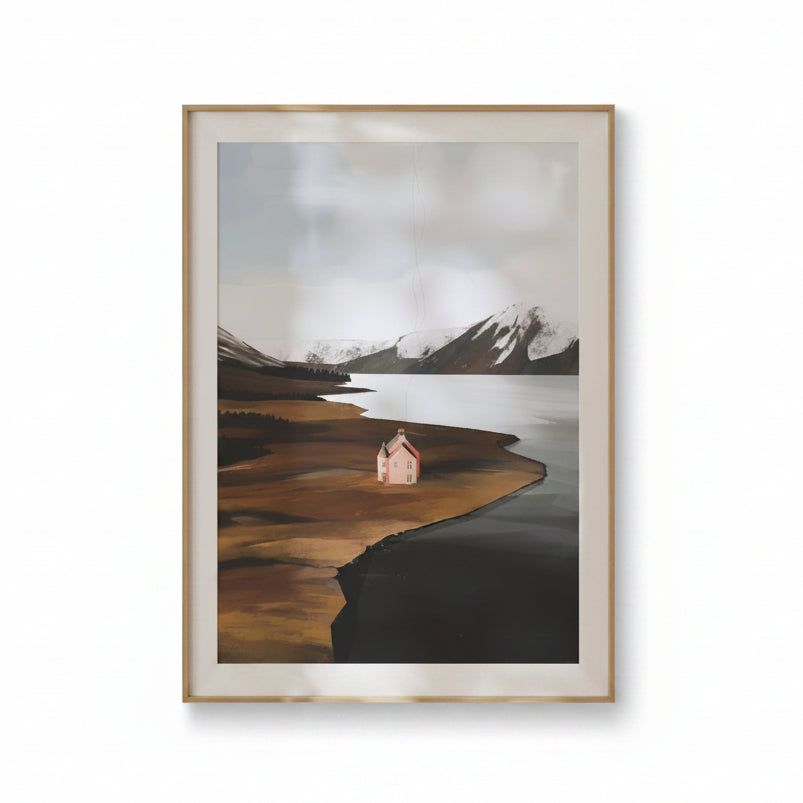 A framed landscape art print featuring a small pink church on a peninsula by a calm lake, with snow-capped mountains and a cloudy sky in the background, shown against a transparent checkerboard background.
