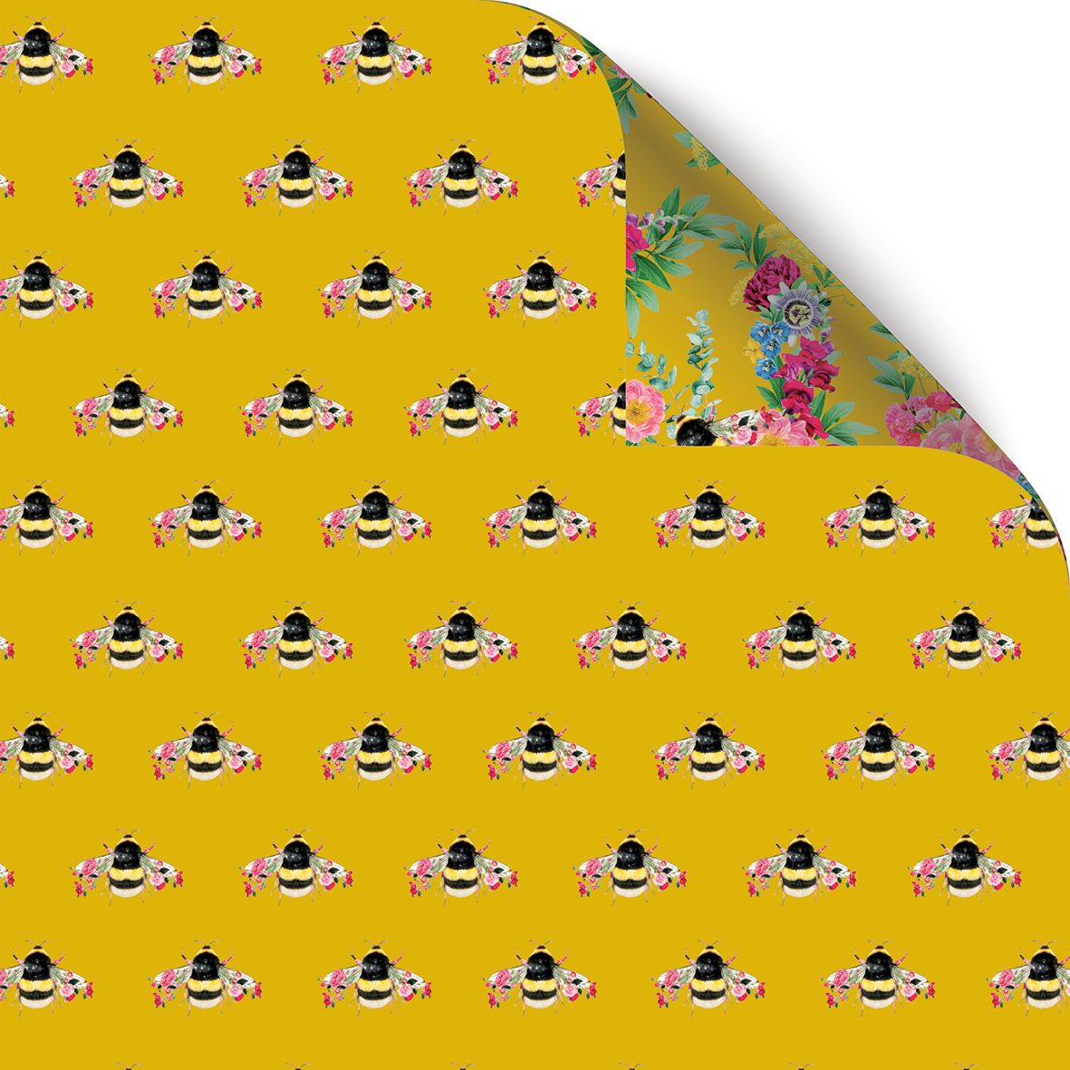 Both sides of the botanical bee gift wrap shown together