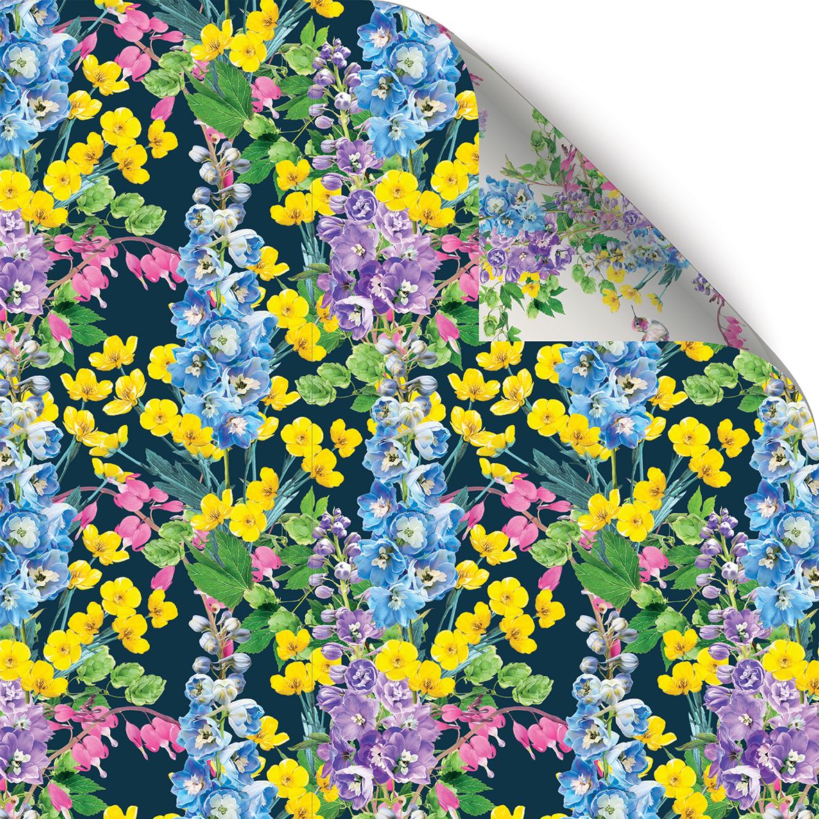 Hummingbird gift wrap showing both coordinating printed designs