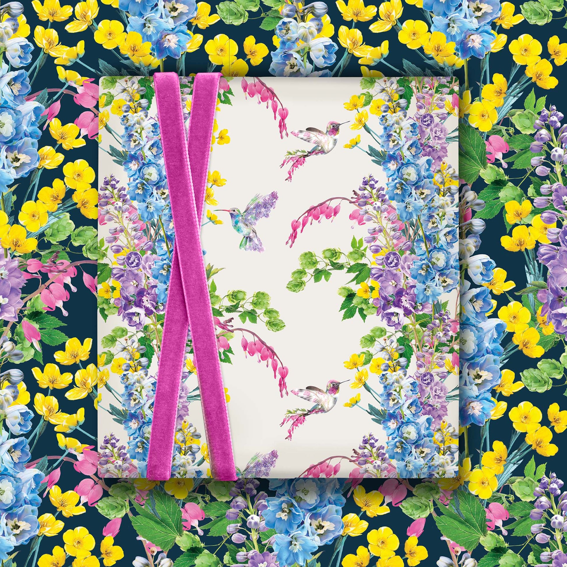 Hummingbird botanical gift wrap design on white background