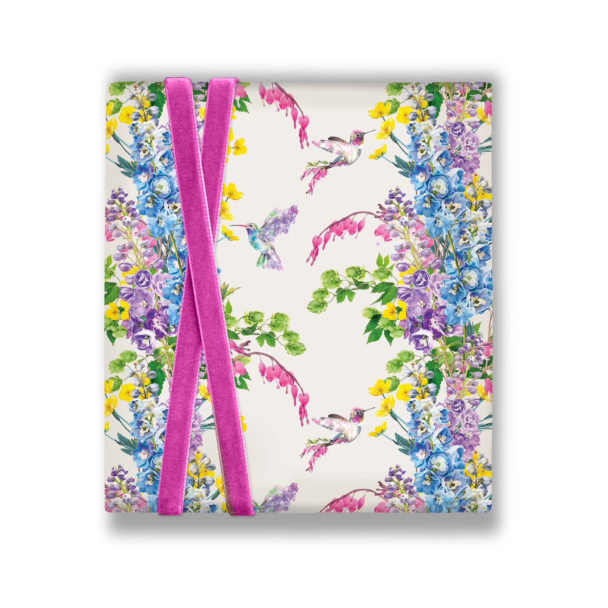 Hummingbird gift wrap styled wrapped around a gift