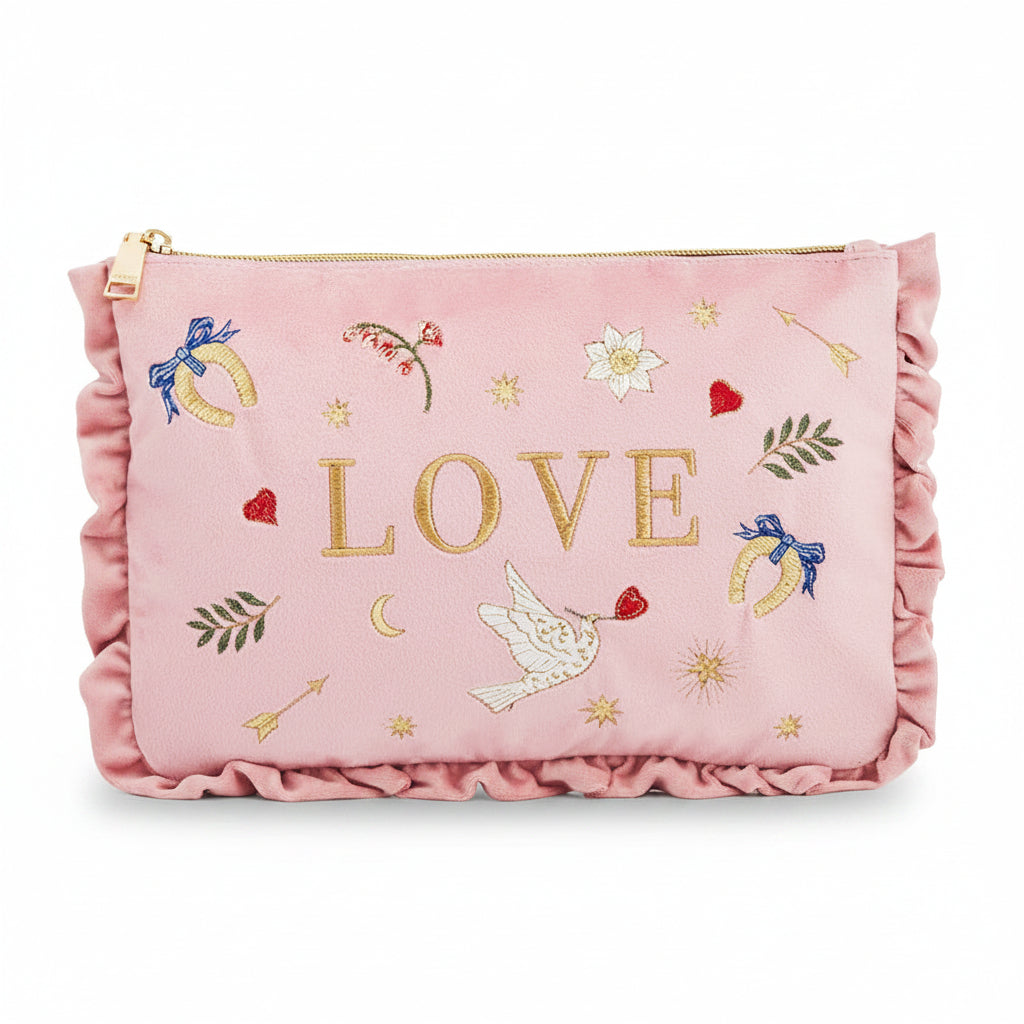 Love Scatter Pink Velvet Embroidered Pouch - Front View
