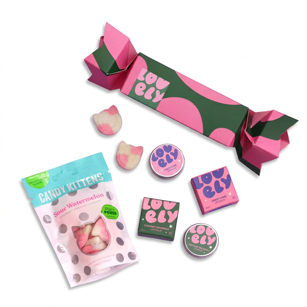 Lovely Skincare Christmas cracker gift set with lip balms and sweets