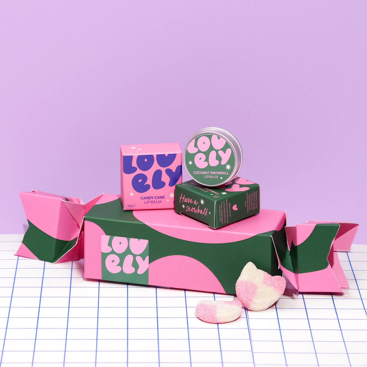 Christmas cracker gift box with Lovely lip balms on a lilac grid