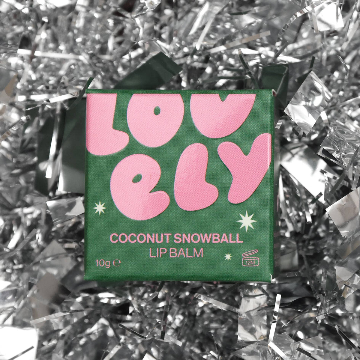 Coconut Snowball lip balm box on silver tinsel
