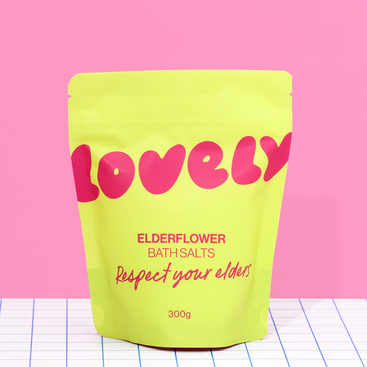 Elderflower bath salts pouch by Lovely Skincare styled lifestyle view