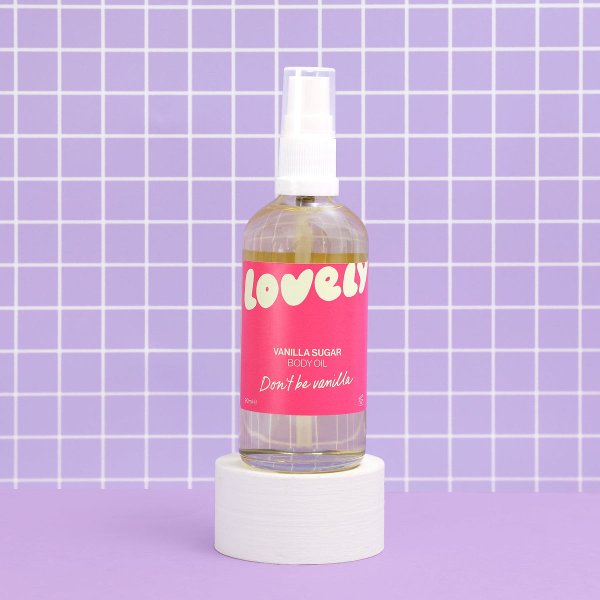 Vanilla Sugar body oil bottle by Lovely Skincare styled lifestyle view