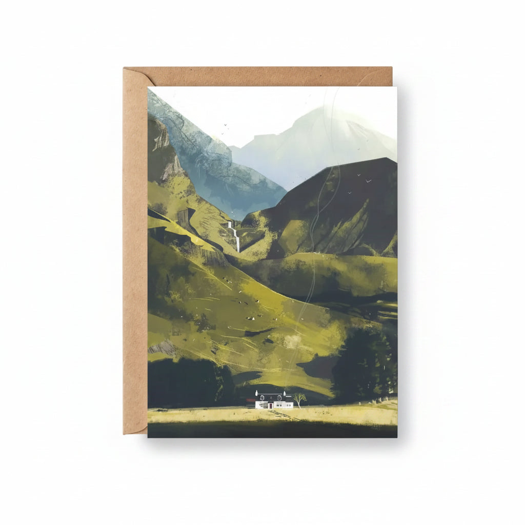Luna's Glencoe greeting card featuring Sara Willia's moonlit Glencoe landscape artwork with kraft envelope
