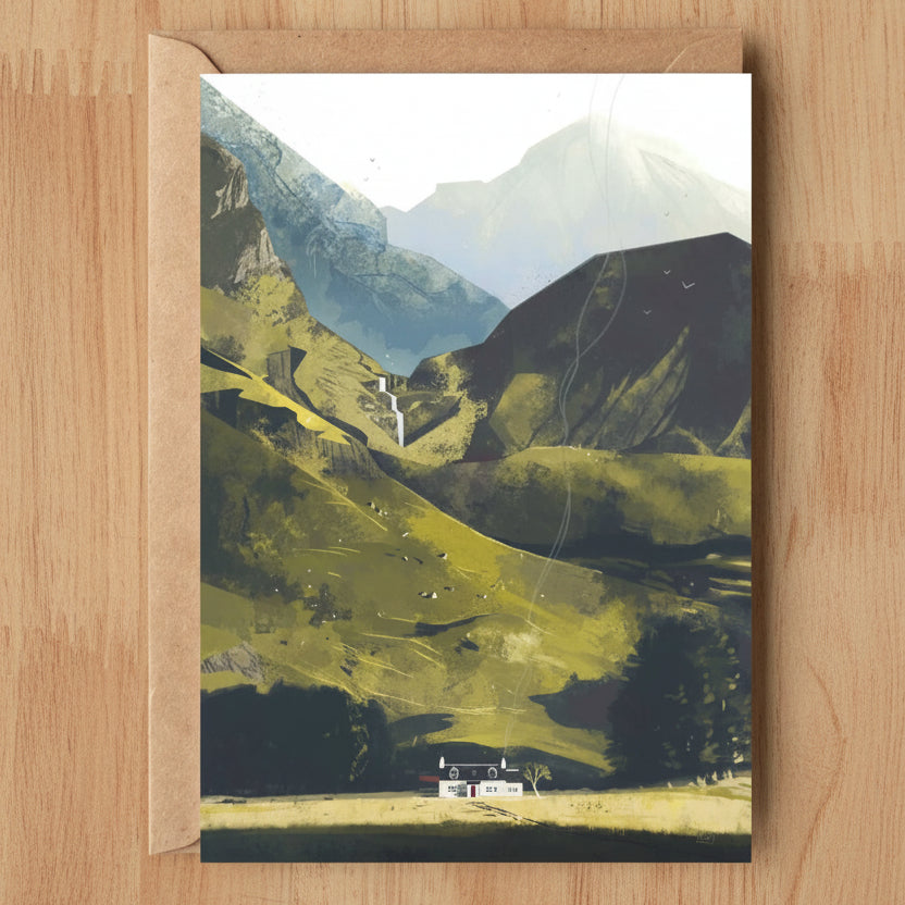 Luna's Glencoe greeting card featuring Sara Willia's moonlit Glencoe landscape artwork with kraft envelope
