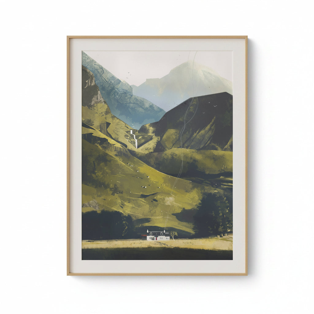 Framed artwork of a mountain landscape on a beige wall