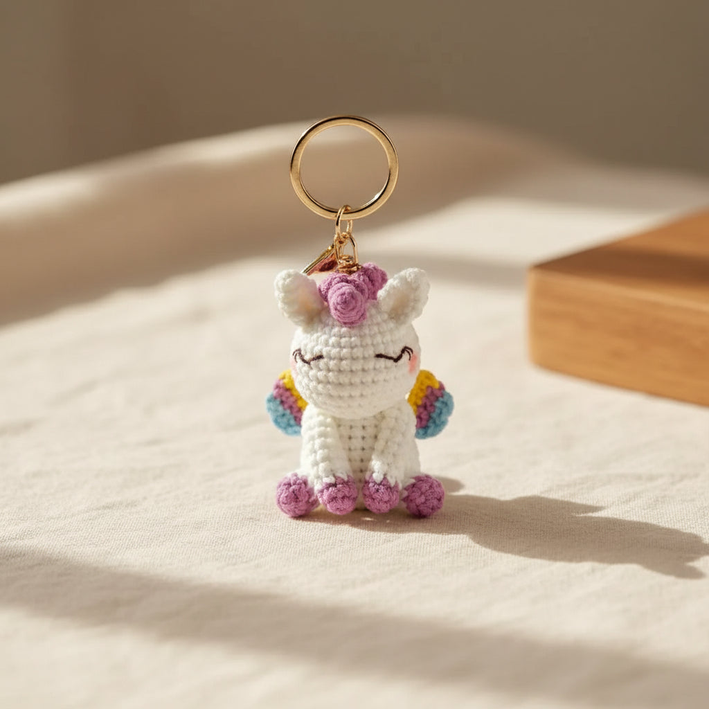 Hand-crocheted mini unicorn keychain with a flower crown and gold clip