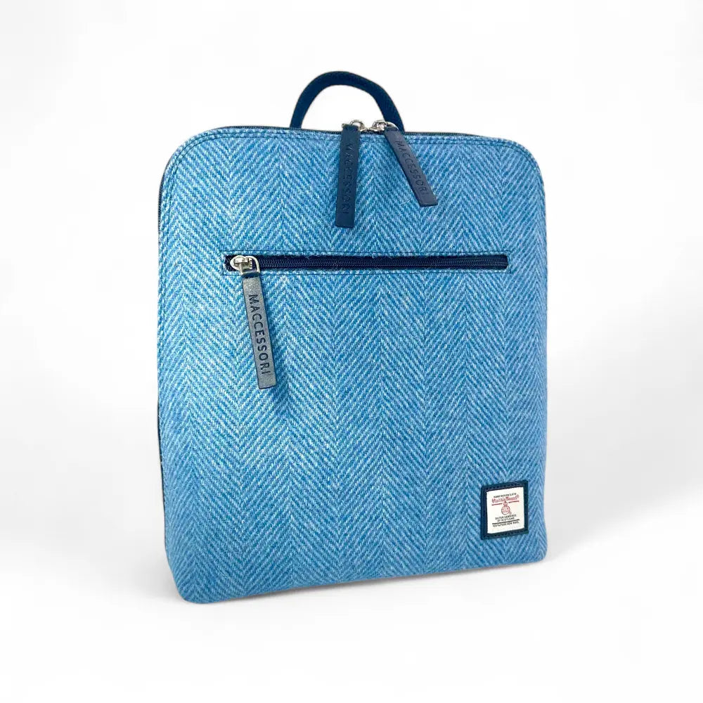 Maccessori Harris Tweed backpack in sky blue herringbone with navy leather trim