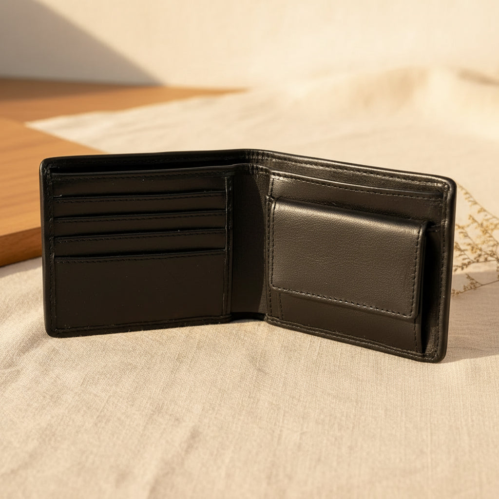 Harris Tweed bifold wallet open, showing card slots and zipped coin pouch