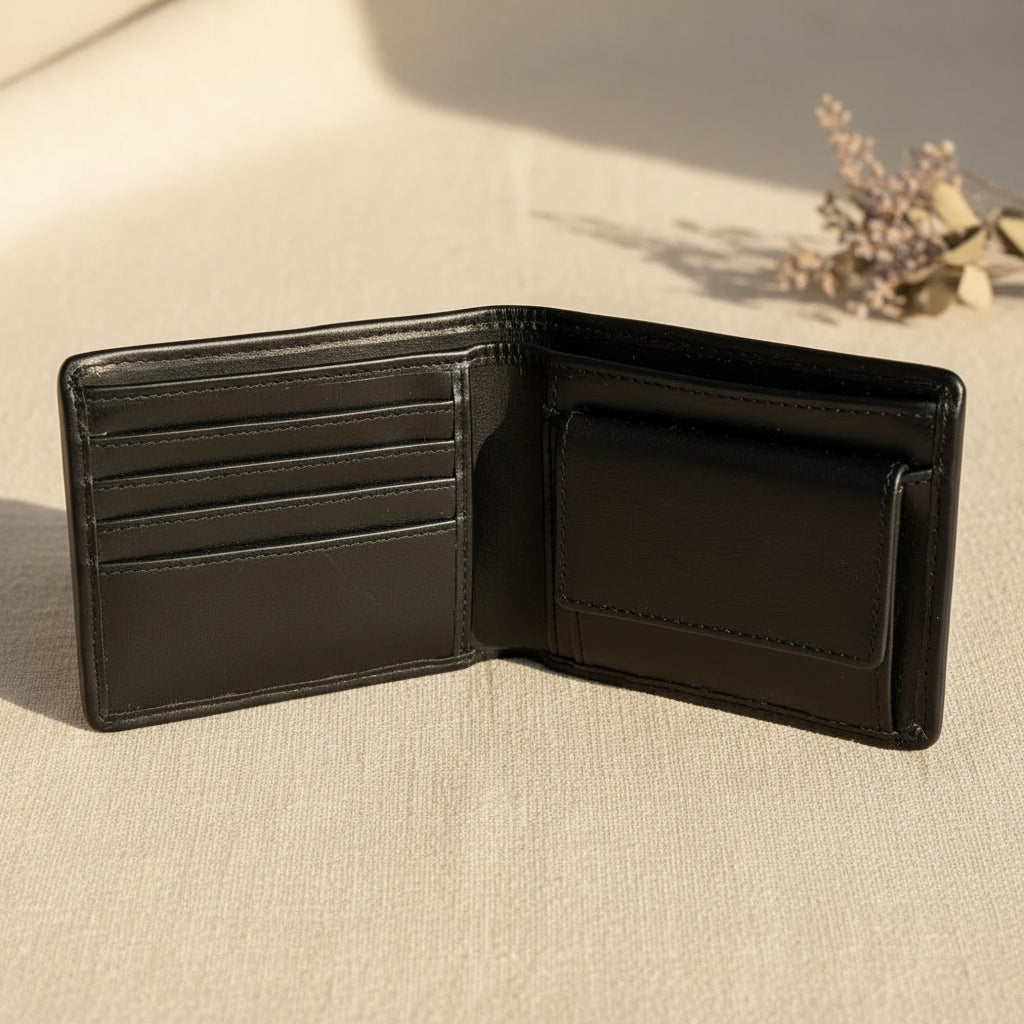 Harris Tweed bifold wallet open, showing card slots and zipped coin pouch