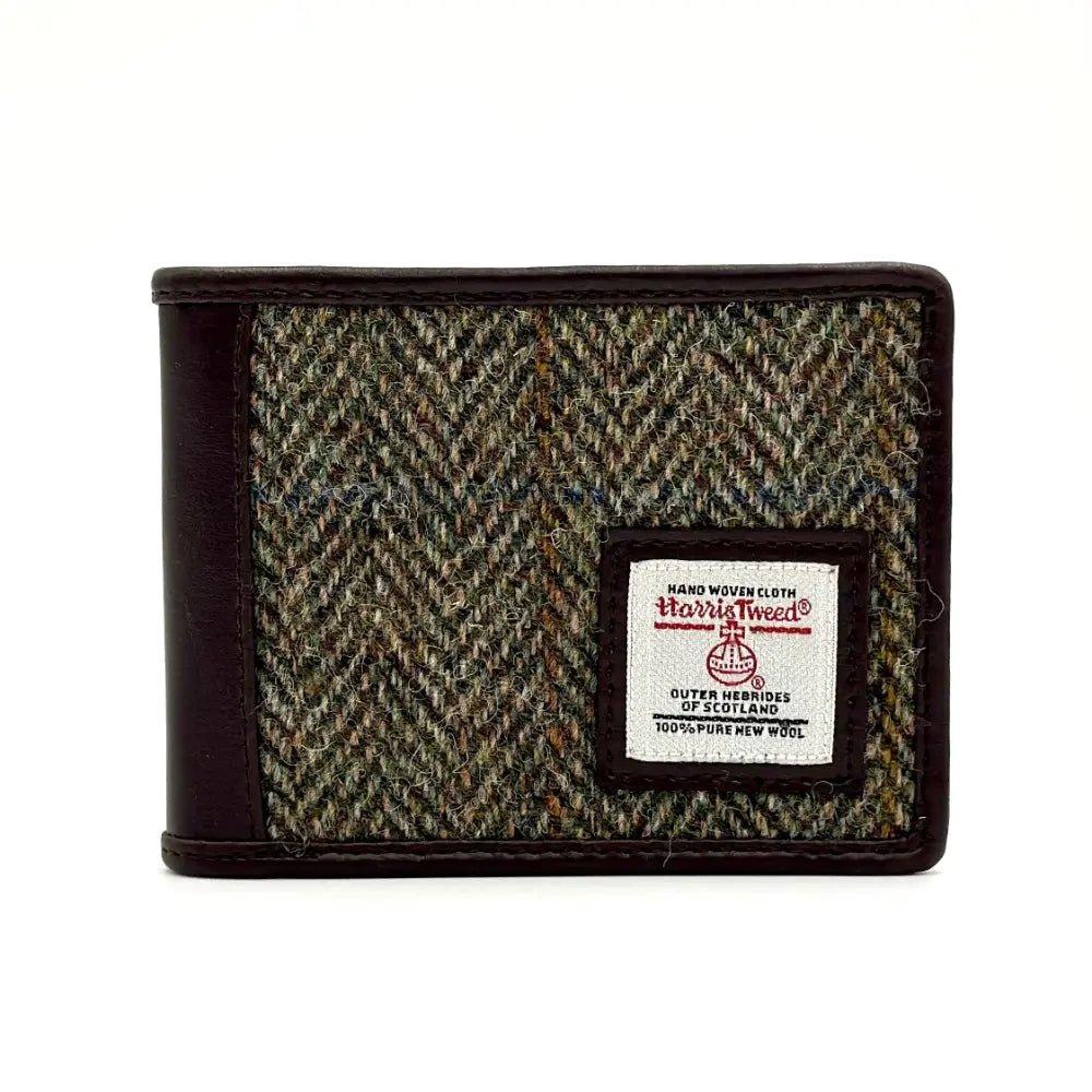 Country Green Harris Tweed bifold wallet with brown leather trim, front view
