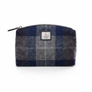 Navy and grey check Harris Tweed cosmetic bag with red overcheck and zip top