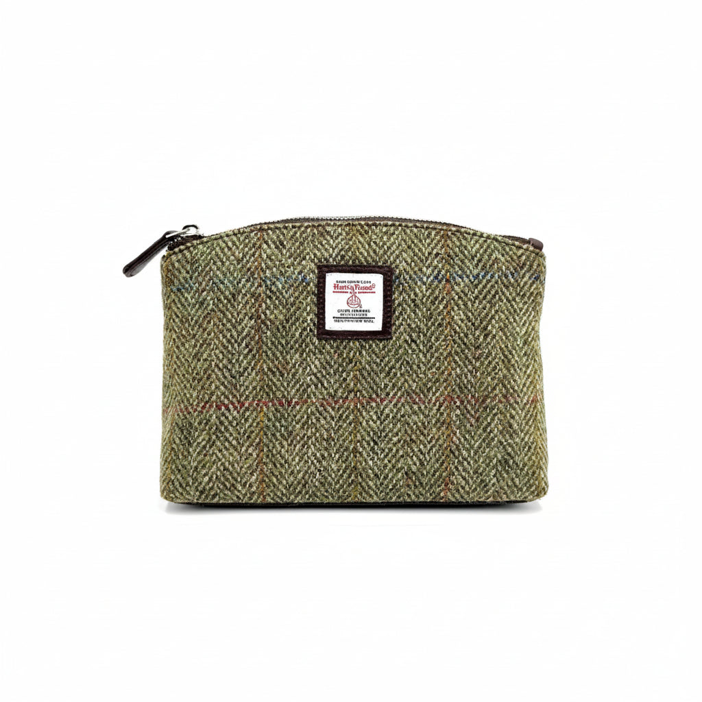 Country Green olive herringbone Harris Tweed cosmetic bag with zip top