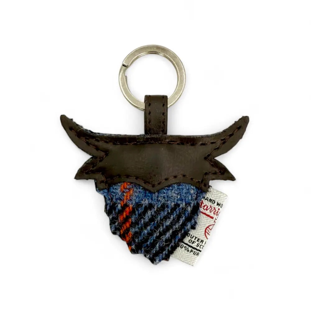 Brown and grey check Harris Tweed Highland cow keyring with black leather horns